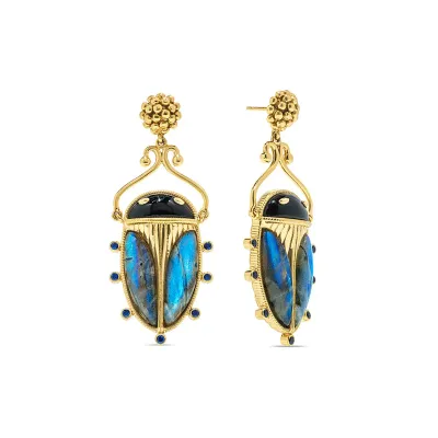 Scarab Berry Blue Labradorite/Black Agate Drop Earrings