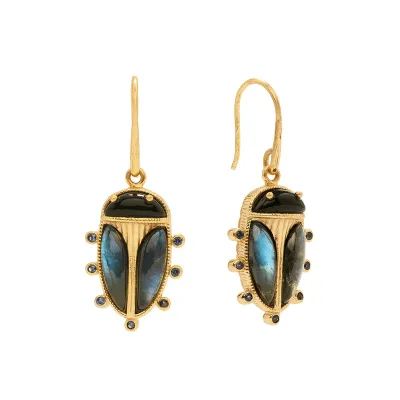 Scarab Blue Labradorite/Black Agate Drop Earrings Petite