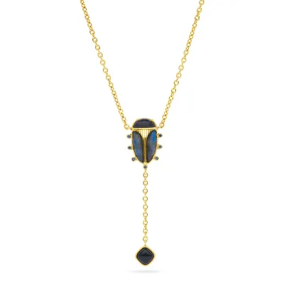 Scarab Blue Labradorite/Black Agate Lariat Necklace 18"+2"