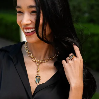 Scarab Blue Labradorite/Black Agate Pendant