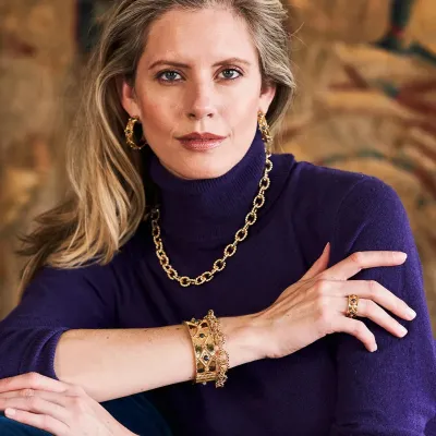 Victoria Gold/Blue Labradorite Hinged Bangle