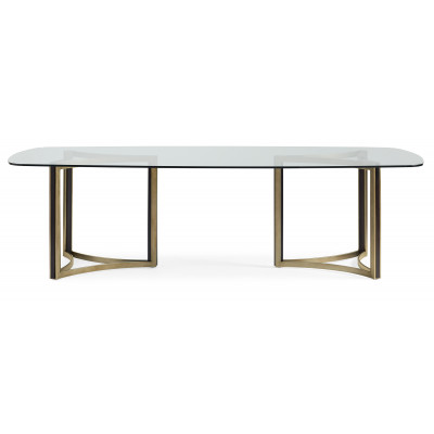 Remix Dbl Ped Glass Top Tbl Dining Table Cerused Oak, Bronze Gold Metal