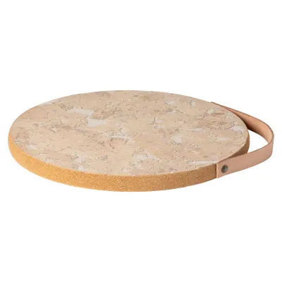 White/Natural Cork Trivet With Leather Handle D11.75''