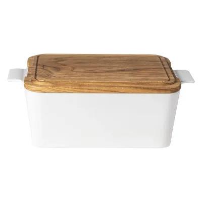 Ensemble White Rectangular Bread Box With Oak Wood 15.75'' X 9.5'' H5'' | 218 Oz.