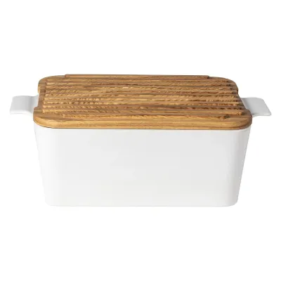 Ensemble White Rectangular Bread Box With Oak Wood 15.75'' X 9.5'' H5'' | 218 Oz.