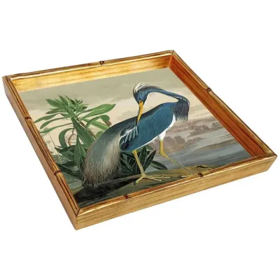 Audubon Heron Bamboo Edge Square Lacquer Tray