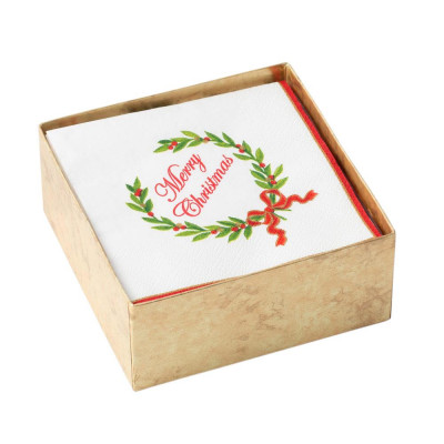 Merry Christmas Laurel Wreath Boxed Paper Cocktail Napkins, 40 Per Box