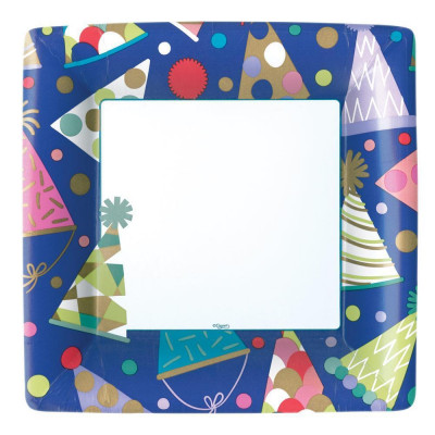 Party Hats Square Paper Dinner Plates, 8 Per Pack