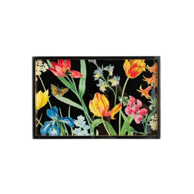 Redoute Floral Black Lacquer Small Rectangular Tray 8 7/8" x 13 3/4"