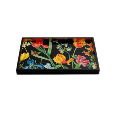 Redoute Floral Black Lacquer Small Rectangular Tray 8 7/8" x 13 3/4"