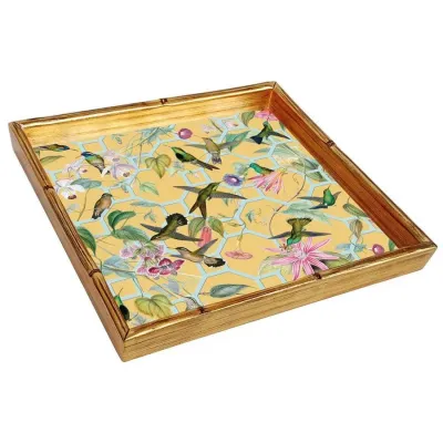 Hummingbird Trellis Gold Bamboo Edge Square Lacquer Tray