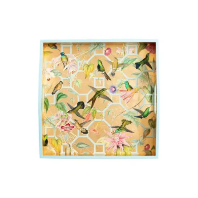 Hummingbird Trellis Gold Lacquer Square Tray 14" x 14"