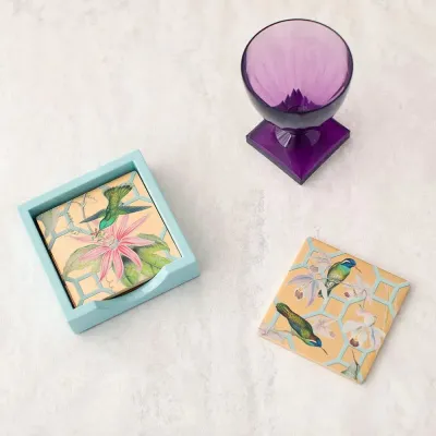 Hummingbird Trellis Gold Lacquer Coasters Set of Four 4" x 4" in Holder