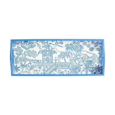 Pagoda Toile Blue Lacquer Bar Tray 8" x 20"
