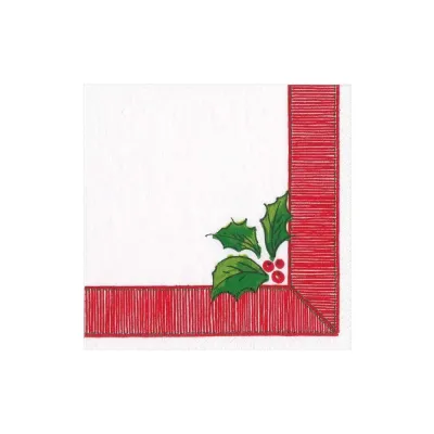 Ribbon Border Holly Boxed Paper Cocktail Napkins, 40 Per Box