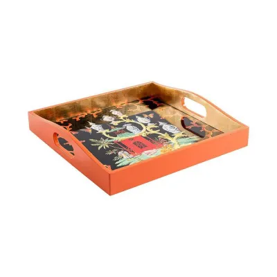 Rococo Fantasy Black Lacquer Square Tray 14" x 14"