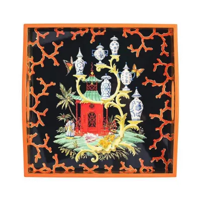 Rococo Fantasy Black Lacquer Square Tray 14" x 14"