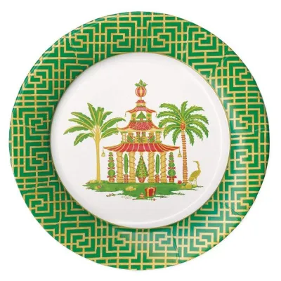 Christmas Pagodas Paper Dinner Plates in White, 8 Per Pack