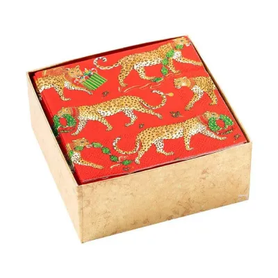 Christmas Leopards Boxed Paper Cocktail Napkins in Red , 40 Per Box
