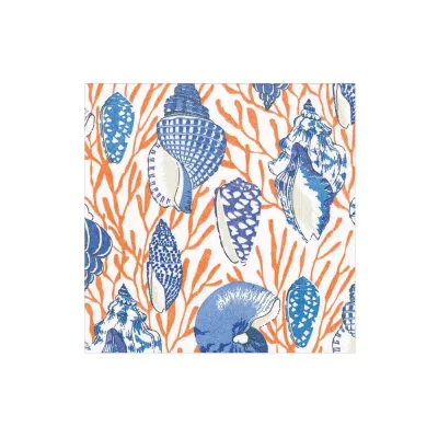 Shell Toile Coral/Blue Boxed Cocktail Paper Napkins, 40 per Pack