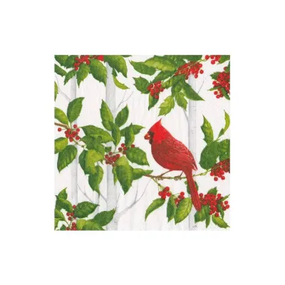 Holly And Songbirds White/Silver Paper Cocktail Napkins, 20 per Pack