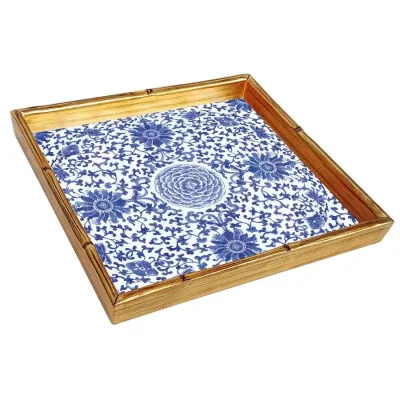 Indigo Garden Blue/White Bamboo Edge Square Lacquer Tray