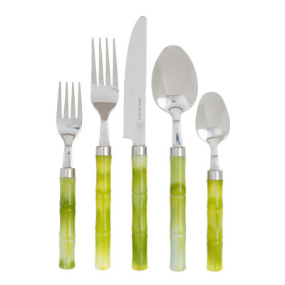 Bamboo Handle 5-Piece Stainless Steel Picnic Flatware Set Green