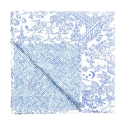 Pagoda Toile Blue & White Reversible Cotton Tablecloth 70.5 X 70.5 Inch