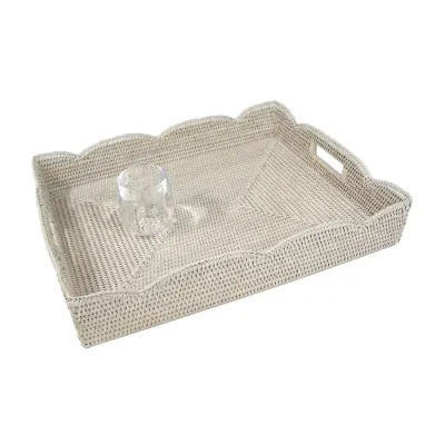 Large Scalloped Rattan Tray in Cream