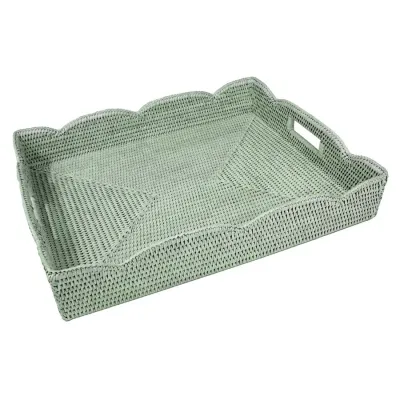 Large Scalloped Rattan Tray in Green