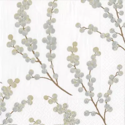 Berry Branches White/Silver Boxed Paper Cocktail Napkins, 40 Per Box