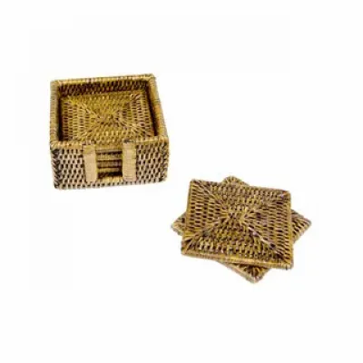 Rattan Square Coaster and Holder Set Honey (6 Coasters and 1 Napkin Holder)