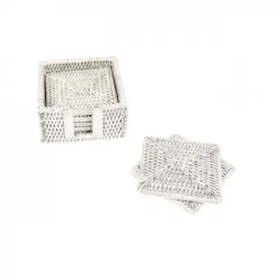 Rattan Square Coaster and Holder Set Cream (6 Coasters and 1 Napkin Holder)