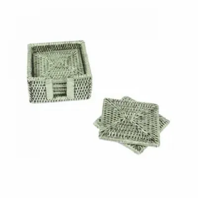 Rattan Square Coaster and Holder Set Green (6 Coasters and 1 Napkin Holder)
