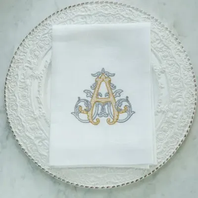 Vintage Vine Monogram A White (Gold/Platinum) Tri-Fold Napkin