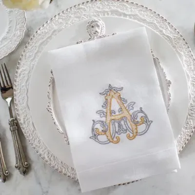 Vintage Vine Monogram A White (Gold/Platinum) Tri-Fold Napkin
