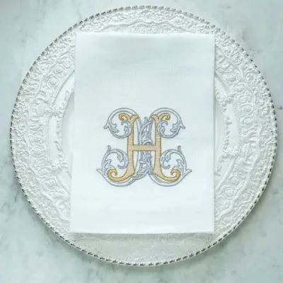 Vintage Vine Monogram H White (Gold/Platinum) Tri-Fold Napkin