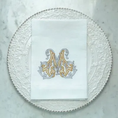 Vintage Vine Monogram M White (Gold/Platinum) Tri-Fold Napkin