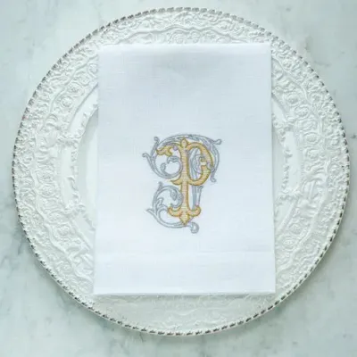 Vintage Vine Monogram P White (Gold/Platinum) Tri-Fold Napkin