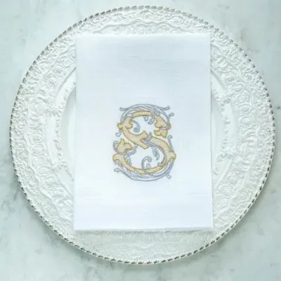 Vintage Vine Monogram S White (Gold/Platinum) Tri-Fold Napkin