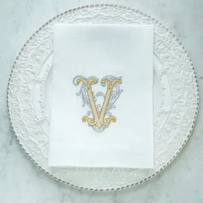 Vintage Vine Monogram V White (Gold/Platinum) Tri-Fold Napkin