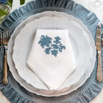 Whimsey Floral White (French Blue) Large Napkin