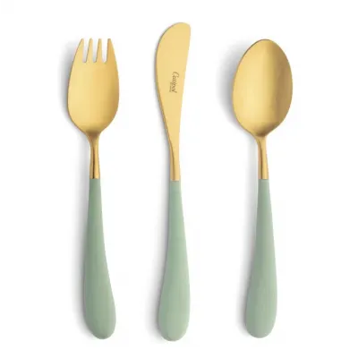 Alice 3-pc Children's Flatware Set (Knife, Fork, Spoon) - Celadon Gold Matte