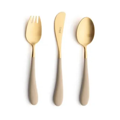 Alice 3-pc Children's Flatware Set (Knife, Fork, Spoon) - Ivory Gold Matte