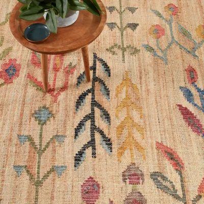 Folk Floral Kilim Natural Handwoven Jute Rug