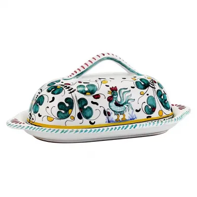 Orvieto Green Rooster Butter Dish W Cover 9 x 3 high