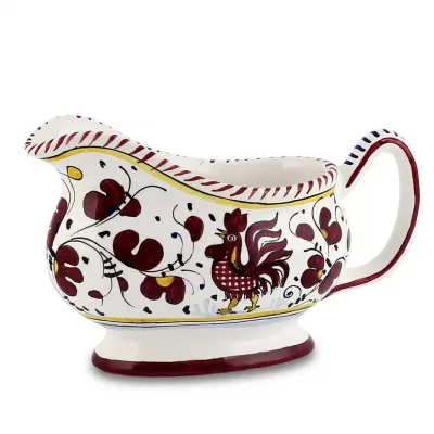 Orvieto Red Rooster Deruta Sauce Boat 6.75 Long. x 3.5 Wide x 5 high (8.5 Long With Handles)