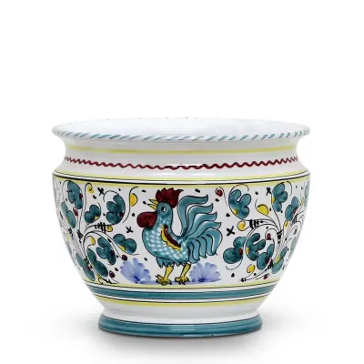 Orvieto Green Rooster Luxury Cachepot Planter Small 10 in Rd x 8 high