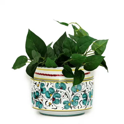 Orvieto Green Rooster Cylindrical Cover Pot Cachepot Planter (Small) 8 in Rd x 6 high (Inside: 6D. x 5H.)