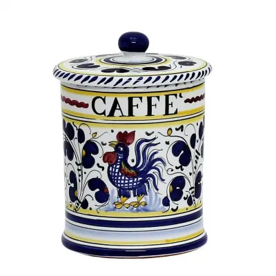 Orvieto Blue Rooster Caffe' (Coffee) Container Canister 4.5 in Round x 6 high